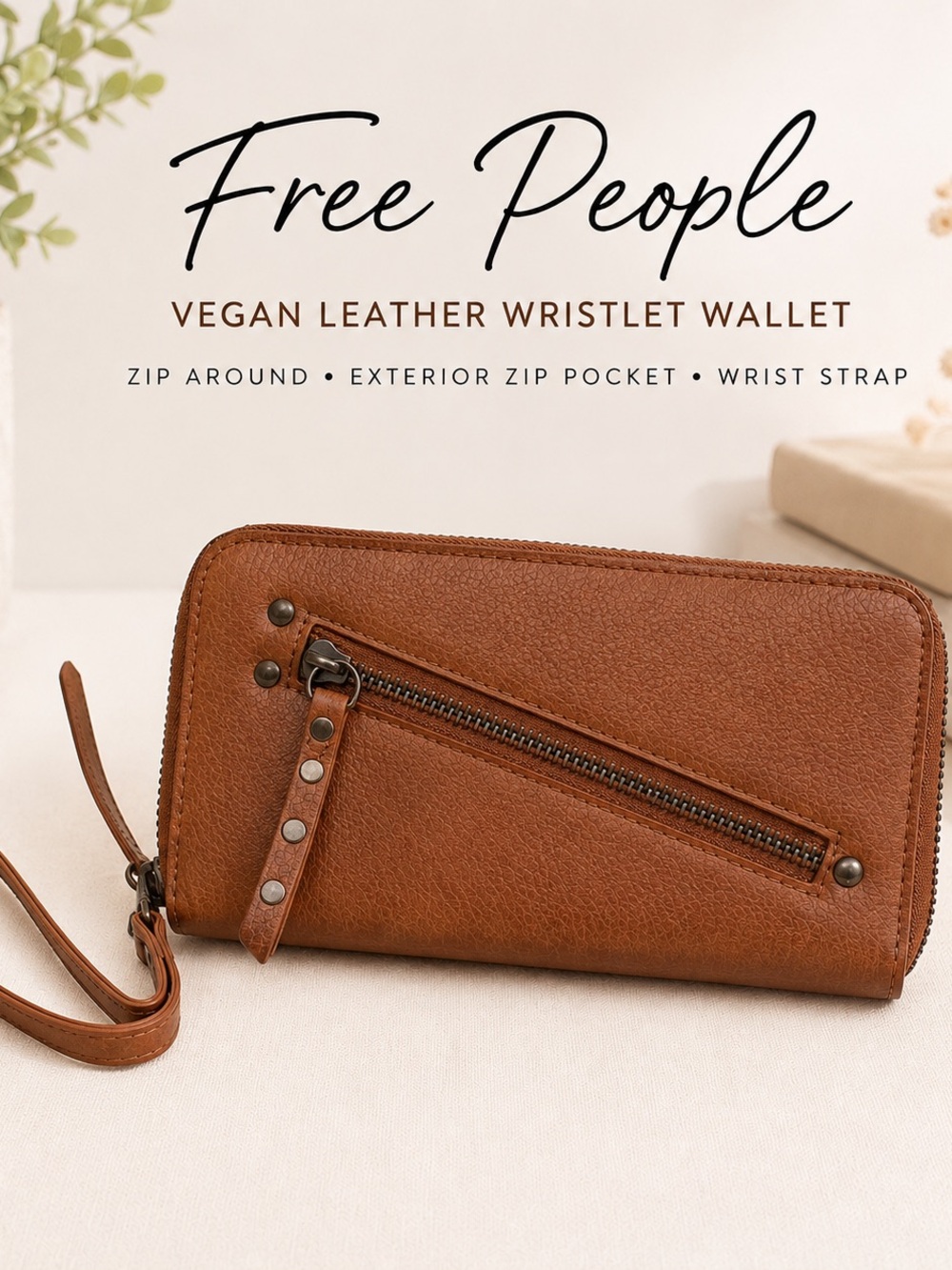 Free People Vegan Leather Zip Around Wristlet Wallet Brown Boho